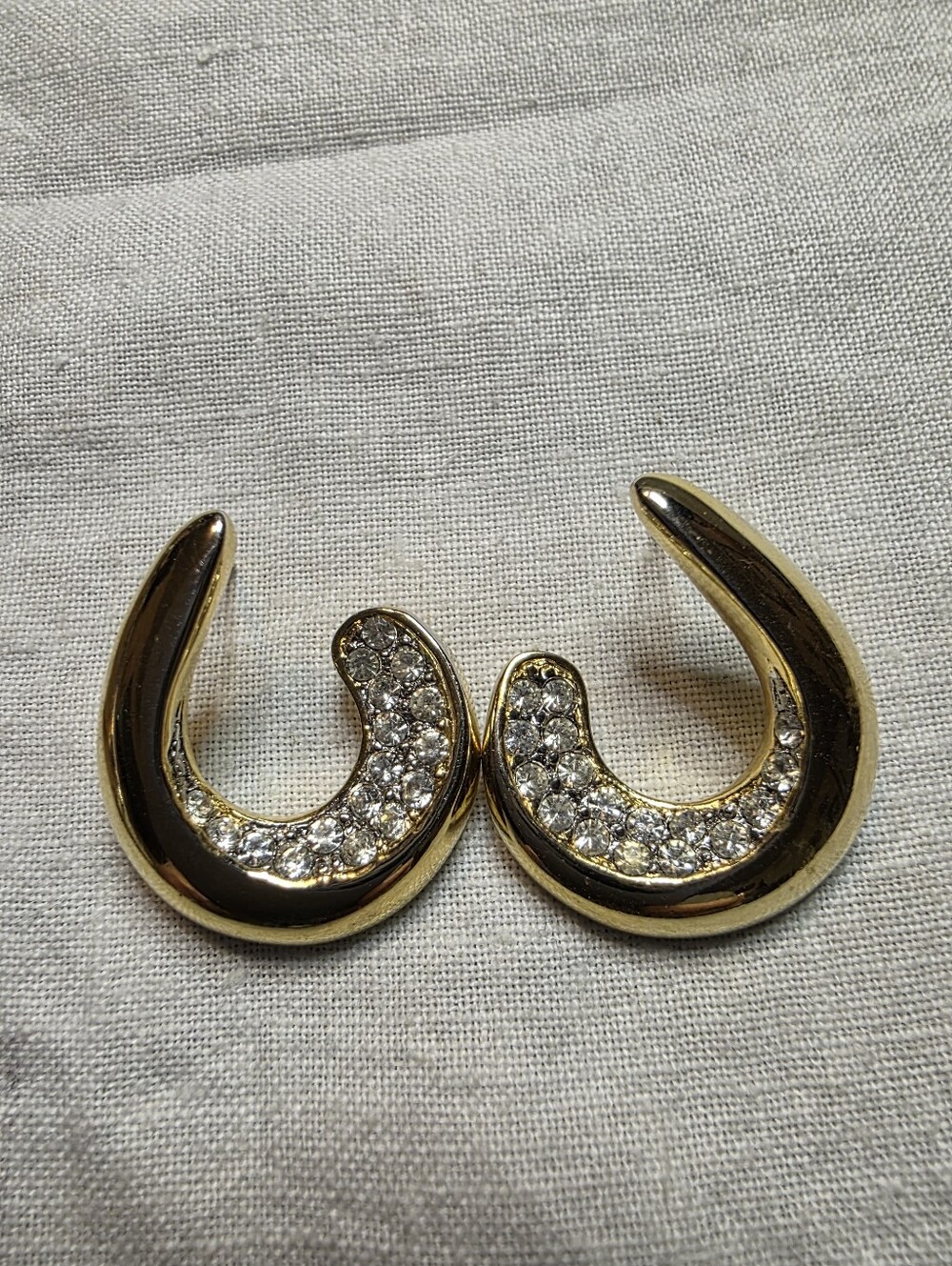 Vintage Monet Gold-Tone Pave Rhinestone J-Hoop (or C-Shaped) Earrings